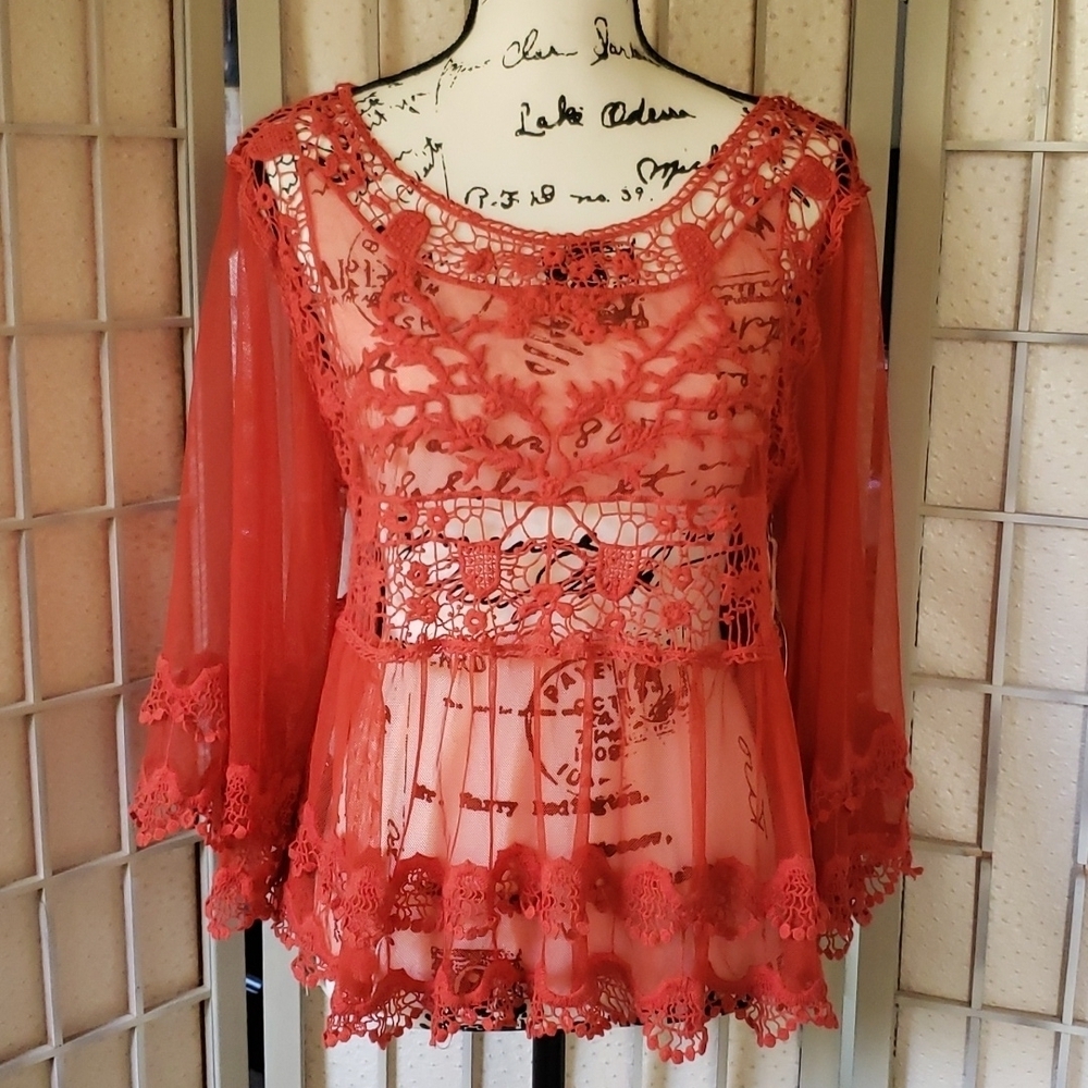 Pink Melo sheer embroidery dark orange lace top with wide sleeves L